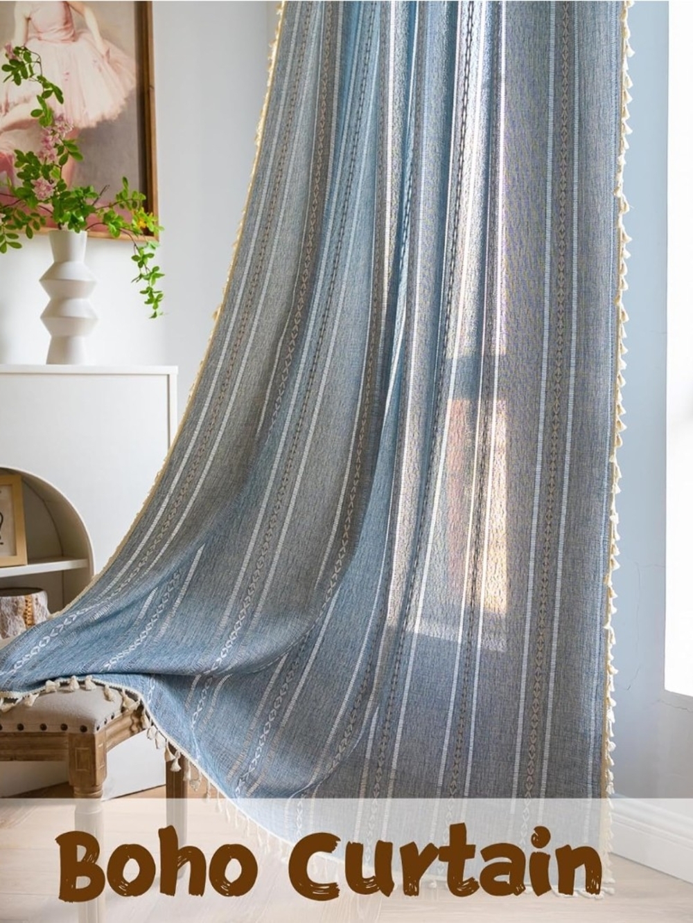 Boho Blue And White Striped Curtain With Fringed Edges- Elegant Window Drape NIB
